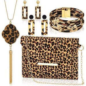 5 Pcs Women Leopard Purse Jewelry Set Necklace Bracelet Earrings Clutch